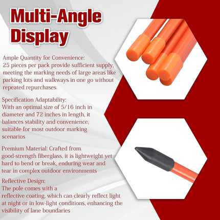 Findmall 72 Inch Driveway Markers, 5/16" Diameter Orange Reflective Snow Stakes, 6 FT Fiberglass Lane Marker Posts for Driveways, Parking Lots & Walkways