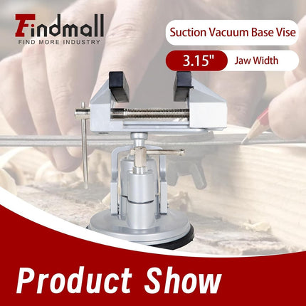 Findmall Suction Vacuum Base Vise Portable Base Vise 3.15" Jaw Width Pivots Multi-Angle Rotate 360° Fit for Various Smooth Work Surfaces