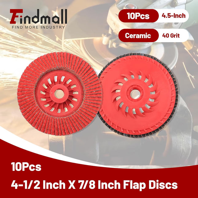 Findmall 10 PCS 4.5 Inch Ceramic Flap Discs Type 29, 40/60/80 Grit Sanding Grinding Wheels with 7/8" Arbor for Angle Grinder, Metal & Stainless Steel