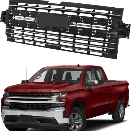 Findmall Black Front Upper Bumper Grille with 5-Piece Chrome Trim Replacement for Silverado 1500 2019-2021