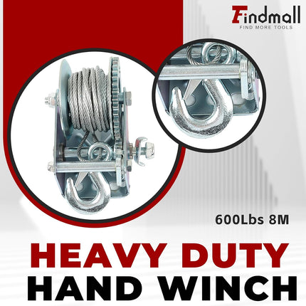 findmall Heavy Duty Hand Winch 600Lbs Hand Crank Strap Gear with 8m Steel Wire Manual Operated Two-Way Ratchet Boat Trailer Marine for Loading Boats Personal Watercraft and Lawn Equipment