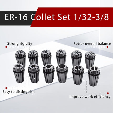 findmall ER-16 Collet Set 12Pcs ER-16 Spring Collet Set 1/32-3/8 Fit for CNC Milling Lathe Tool