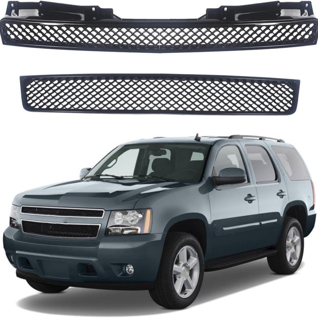Findmall 2-Piece Glossy Black Front Hood Bumper Grille Set Replacement for Avalanche 2007-2013, Tahoe and Suburban 2007-2014