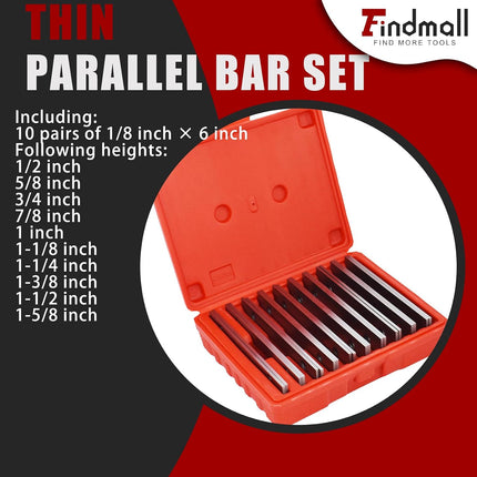 findmall Thin Parallel Bar Set, 10 Pair 1/8" X 6" Accuracy Parallels, Machinist Lathe Tools Thin Parallel Bar Set