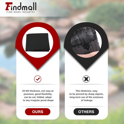 Findmall HDPE Pond Liner, 20 Mil Black Pond Liner for Fish Ponds, Garden Ponds, Waterfalls, Raised Beds & Outdoor Water Features