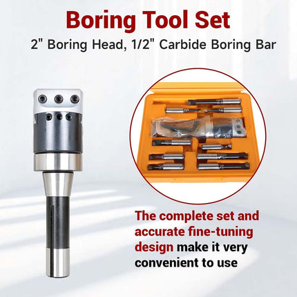 findmall 2" Boring Head R8 Shank Boring Tool Set, 9pcs 1/2" Carbide Boring Bar Set Milling Fit for Milling Machine, Thread 7/16-20"