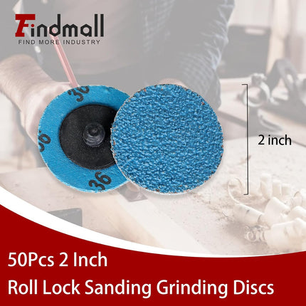 findmall 50Pcs 2 Inch 36 Grit Zirconia Alumina Roll Lock Sanding Grinding Discs for Die Grinder Surface Burr Rust Paint Polish