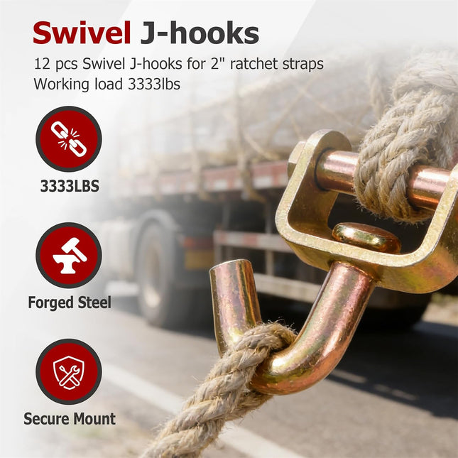 Findmall Swivel J-Hooks for 2 Inch Ratchet Straps, Heavy Duty Steel Rotating J Hooks 3333 Lbs Working Load for Truck Trailer Cargo Securing