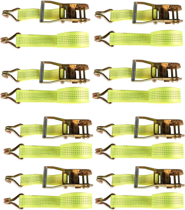2Inch * 15Ft, 5000 Pound Heavy Duty Ratchet, Hooked Ratchet Sling Tool, Yellow, with a Load Capacity of 2250Kg, 8PCS