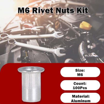 Findmall 100Pcs M6 Rivet Nuts Kit Metric Aluminum Flat Head Threaded Rivet Nut Insert Nutsert Rivet Nuts Assortment Kit