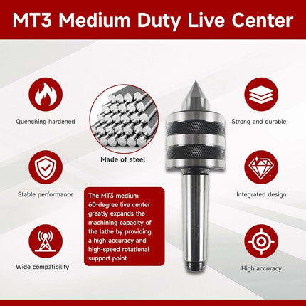 findmall MT3 Medium Duty Live Center 60 Degree Live Tailstock Center Fit for CNC Lathes, Ordinary Manual Lathes and High-Speed Lathes