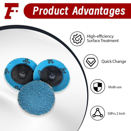 findmall 50Pcs 2 Inch 36 Grit Zirconia Alumina Roll Lock Sanding Grinding Discs for Die Grinder Surface Burr Rust Paint Polish