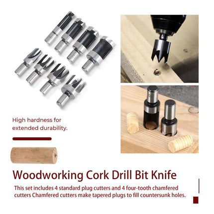 findmall 8Pcs Wood Plug Cutter Drills Bit Set (5/8", 1/2", 3/8", 1/4") Straight and Tapered Taper, Carbon Steel Woodworking Cutting Tool