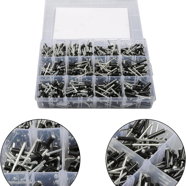 Findmall 500 Pcs Black Pop Rivets Assortment Kit - 14 SAE Sizes (3/32" - 3/16") Aluminum Blind Rivets with Mandrels for Metal, HVAC, Auto, DIY