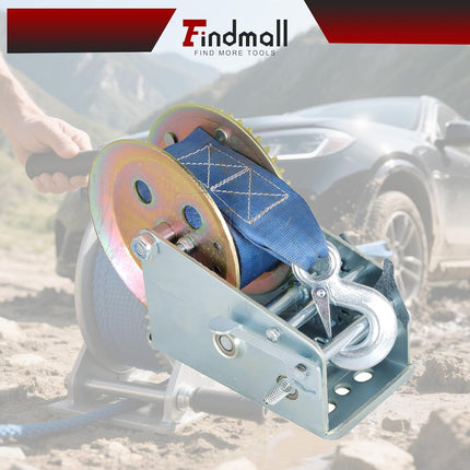 Findmall Heavy Duty Boat Trailer Hand Winch with Nylon Strap, Manual Crank Strap Winch with Hook, Two-Way Ratchet Gear Winch for Boat, Trailer & ATV