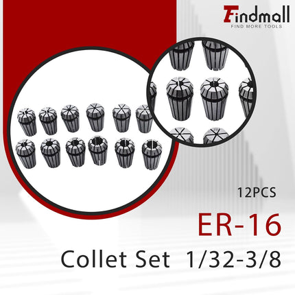 findmall ER-16 Collet Set 12Pcs ER-16 Spring Collet Set 1/32-3/8 Fit for CNC Milling Lathe Tool