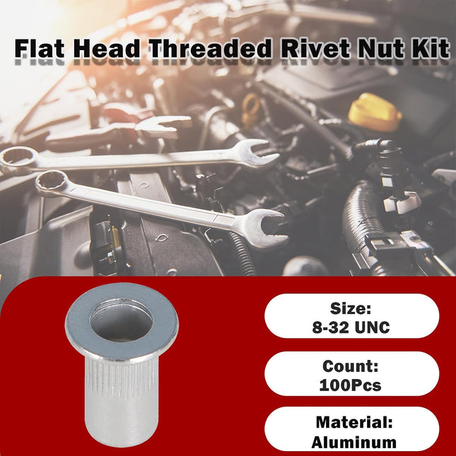 Findmall 100Pcs Rivet Nuts Kit 8-32 UNC Aluminum Flat Head Threaded Rivet Nut Insert Nutsert Rivet Nuts Assortment Kit