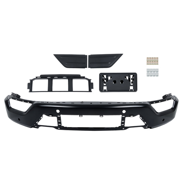 Findmall 5Pcs Black Front Bumper Face Bar Kit with Grille, License Plate Bracket & Grille Trim Panels for 2021‑2023 F150, Replacement with 6 Sensor Holes
