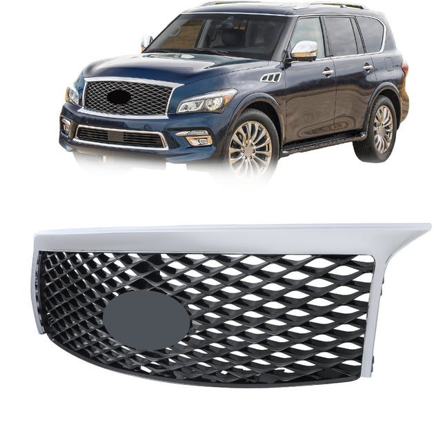 Findmall Chrome Frame Black Mesh Front Upper Bumper Grille with Camera Hole Replacement for QX80 2015-2017