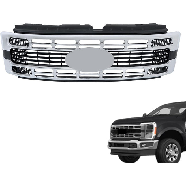 Findmall Glossy Black Mesh Front Upper Hood Grille with Chrome Trim Replacement for F-250 Super Duty XL and XLT 2023-2024