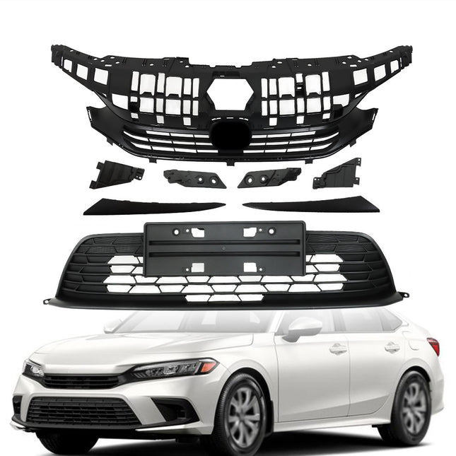 Findmall 3-Piece Black Front Upper and Lower Bumper Grille and Headlight Eyelid Set Replacement for Civic Sedan 2022-2023
