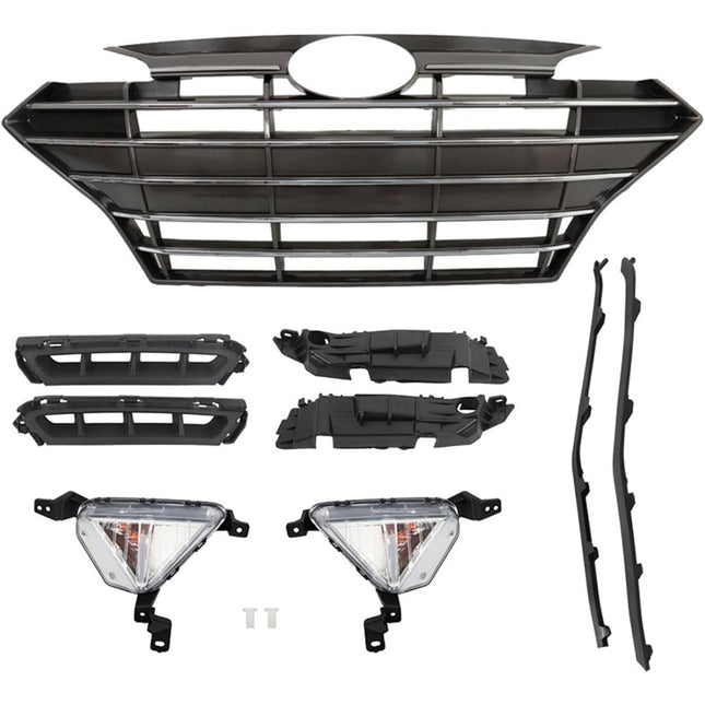 Findmall 9-Piece Front Grille and Trim Kit for 2019-2020 Hyundai Elantra Sedan, Black and Chrome