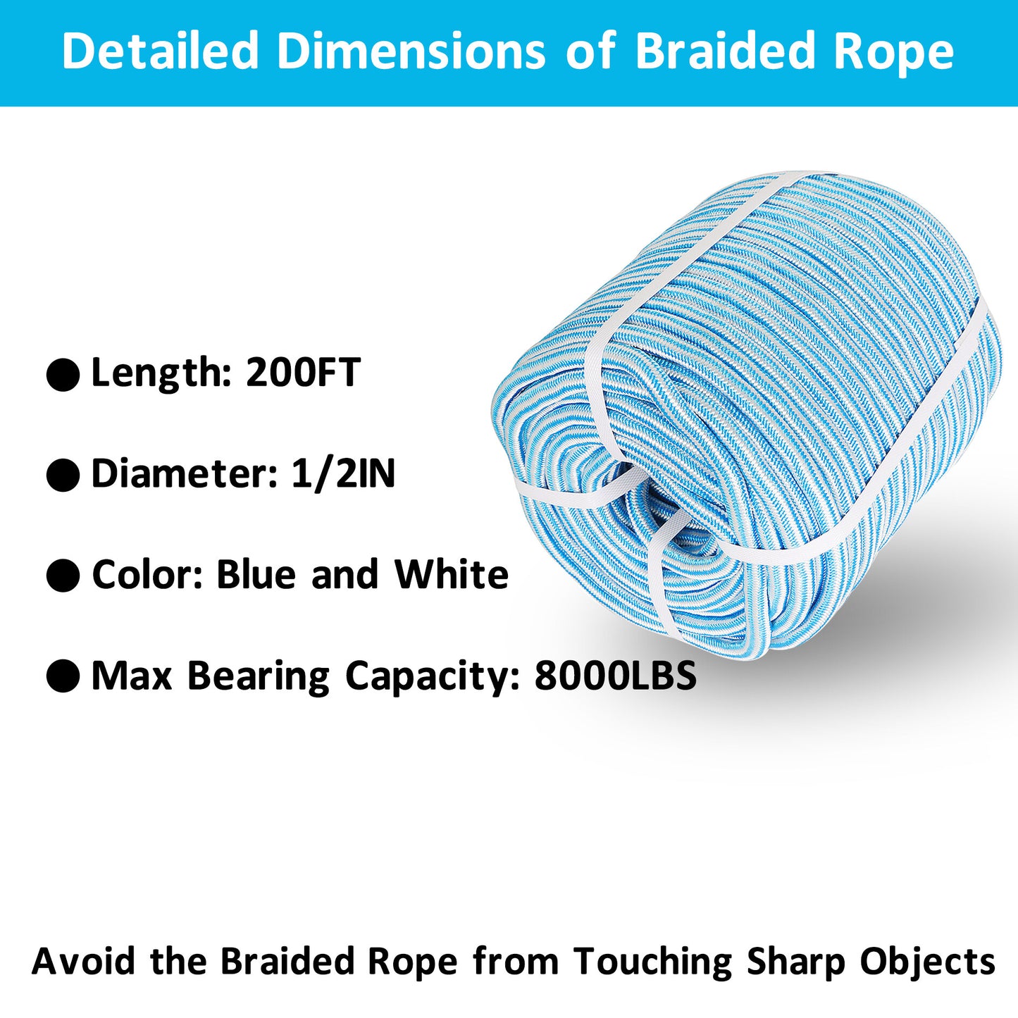 findmall 1/2 Inch 200 Feet 24 Strands Braided Rope Tree Felling Rope High Strength Polyester Rope for Swing Camping Bundling Blue White