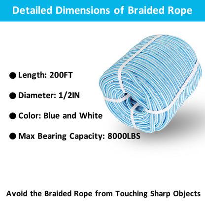 findmall 1/2 Inch 200 Feet 24 Strands Braided Rope Tree Felling Rope High Strength Polyester Rope for Swing Camping Bundling Blue White