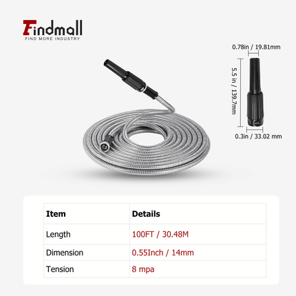 findmall Stainless Steel Garden Hose with Nozzle – Flexible, Kink-Free, Rust-Proof Heavy Duty Metal Water Hose