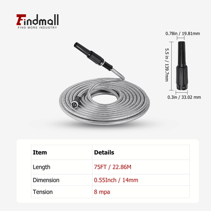 findmall Stainless Steel Garden Hose with Nozzle – Flexible, Kink-Free, Rust-Proof Heavy Duty Metal Water Hose