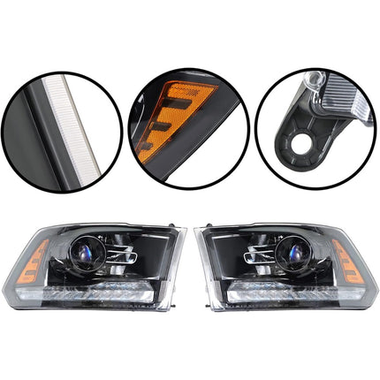 Findmall Black Headlights Replacement for 2013-2018 Ram 1500-3500 w/DRL Projector Headlight Assembly Passenger and Driver Side