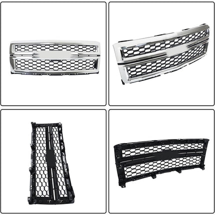 Findmall Black Honeycomb Front Upper Grille with Chrome Surround Replacement for Silverado 1500 2014-2015
