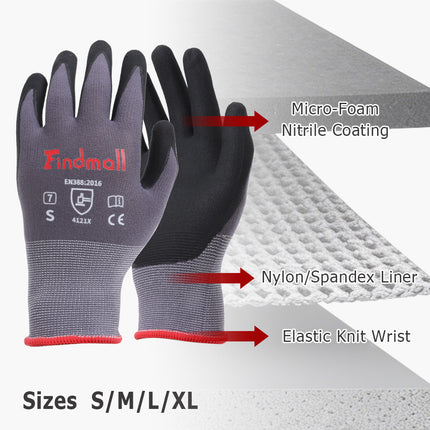 findmall 3-12 Pairs Micro-Foam Nitrile Coated Work Gloves – Seamless Knit Nylon Safety Gloves for Home & Industrial Use