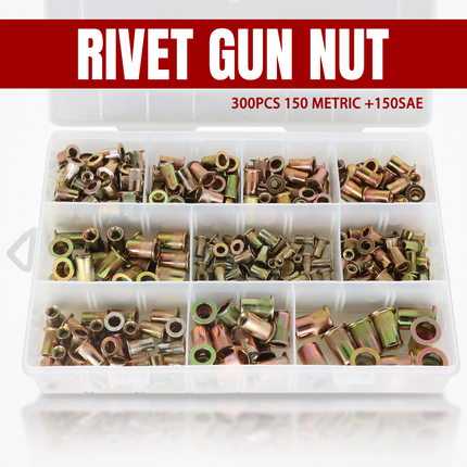 Findmall 300Pcs Rivet Nut Kit with Metric & SAE Threaded Inserts, Flat Head Carbon Steel Rivet Nuts Assortment Set