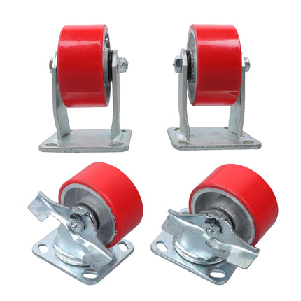 Findmall 4 Pack 4" Polyurethane on Iron Core Rigid & Swivel Caster Wheels with Brake, Top Plate Mount Heavy Duty Casters for Workbenches, Toolboxes & Equipment