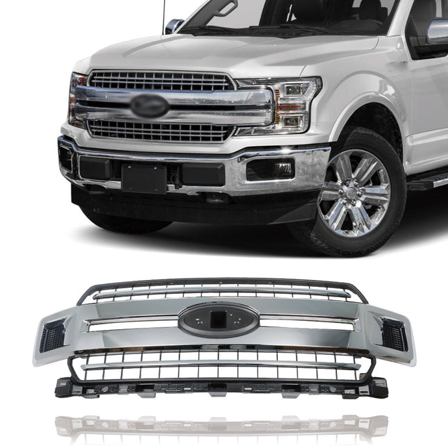 Findmall Chrome and Black Mesh Front Upper Hood Grille with Straight Trim Replacement for F-150 2018-2020
