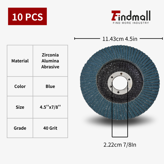 findmall 4-1/2" x 7/8" Zirconia Flap Disc Type 29 – 40/60/80 Grit Grinding & Sanding Discs for Angle Grinder (10/50/100 Pack)