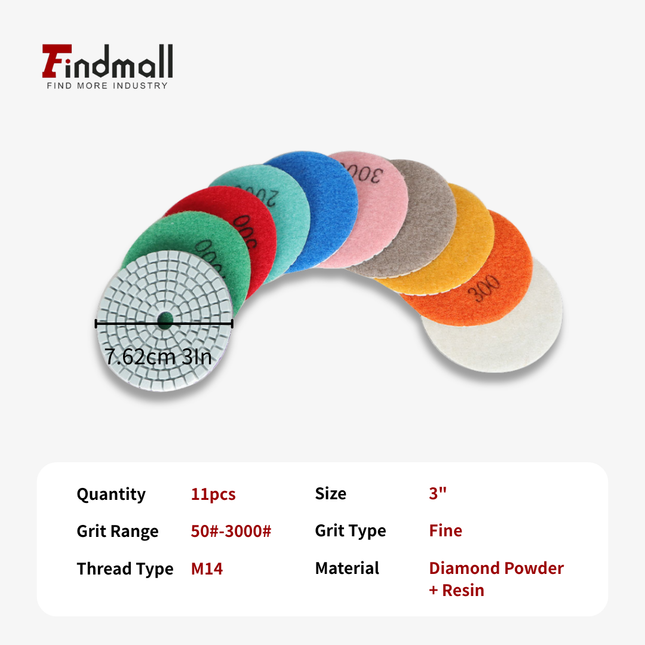 findmall 11PCS 3 Diamond Polishing Pads Kit – Wet/Dry Polishing Pads Set with Backer Pad for Granite, Marble, Quartz, Stone & Glass