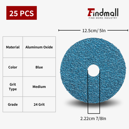 findmall 25-Pack Zirconia Resin Fiber Grinding & Sanding Discs – 5"/7"/4.5" x 7/8", 24/36/60 Grit