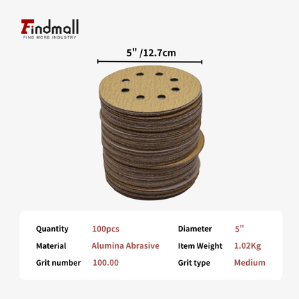findmall 5" 8-Hole Sanding Discs (100 Pack) – Hook & Loop Orbital Sandpaper with 60–220 Assorted Grits for Smooth Finishing