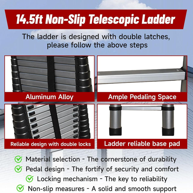 Findmall 14.5FT / 4.4M Aluminum Telescopic Ladder Multi Use Non-Slip Collapsible Ladder Telescoping Ladders