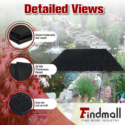 Findmall HDPE Pond Liner, 20 Mil Black Pond Liner for Fish Ponds, Garden Ponds, Waterfalls, Raised Beds & Outdoor Water Features