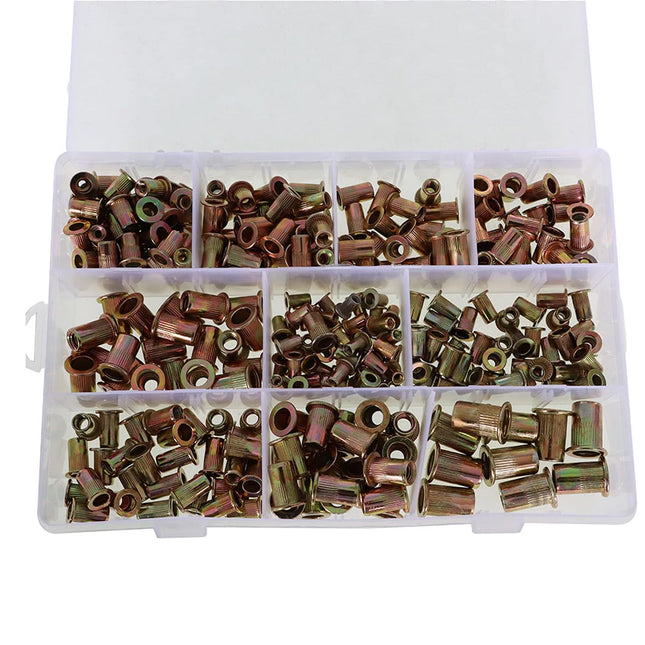 Findmall 300Pcs Rivet Nut Kit with Metric & SAE Threaded Inserts, Flat Head Carbon Steel Rivet Nuts Assortment Set