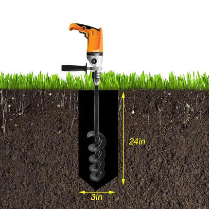 Auger Drill Bit, 3 x 24 Inch Garden Planting Auger Drill Bit for Planting, Auger Post Hole Digger for Planting Bulbs Flower Planting Auger Bit, 3/8 Inch Hex Drive Drill Auger Bit (Black, Solid)
