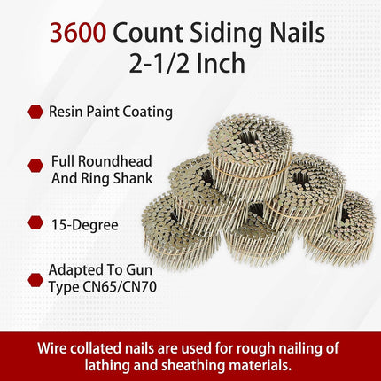 Findmall 3600 Count Siding Nails 2-1/2-Inch x .090-Inch 15-Degree Wire Collated Coil Resin Paint Coating Ring Shank for Rough Nailing of Lathing and Sheathing Materials