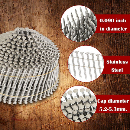 Findmall 304 Stainless Steel 15-Degree Coil Siding Nails, 0.090" Ring Shank Wire Collated Nails for CN45 Coil Nail Gun