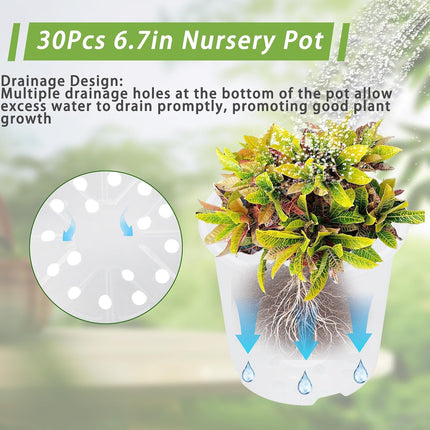 Findmall 30 Pack Clear Plastic Nursery Pots 6.7/5/4 Inch with Drainage Holes, Seedling Pots for Transplanting, Planting and Growing Flowers, Vegetables and Herbs