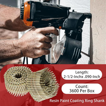 Findmall 3600 Count Siding Nails 2-1/2-Inch x .090-Inch 15-Degree Wire Collated Coil Resin Paint Coating Ring Shank for Rough Nailing of Lathing and Sheathing Materials