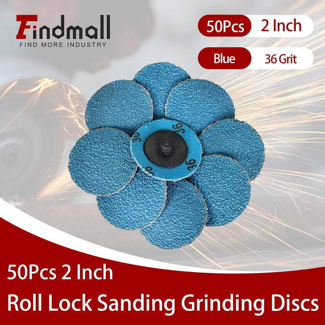 Findmall 50Pcs 2 Inch 36 Grit Zirconia Alumina Roll Lock Sanding Grinding Discs for Die Grinder Surface Burr Rust Paint Polish