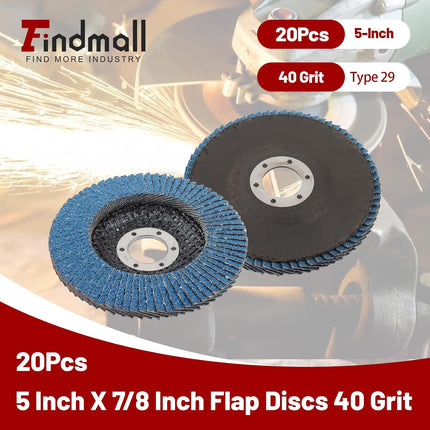 Findmall 20Pcs 5 Inch X 7/8 Inch Flap Discs 40 Grit Type 29 | Zirconium Oxide Abrasive，for Metal Grinding, Weld and Rust Polish